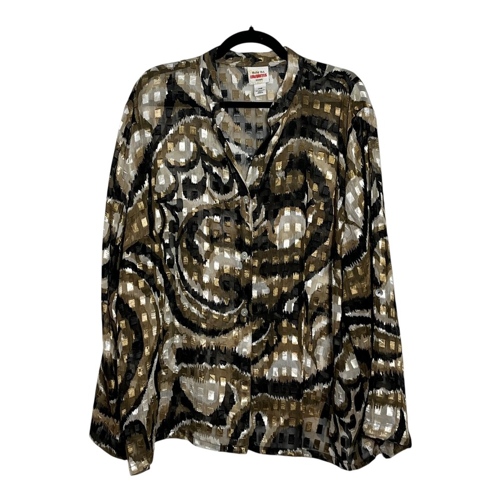 Ruby Rd Favorites Womens 24W Blouse Gold Black Abstract Metallic Sheer Button Up